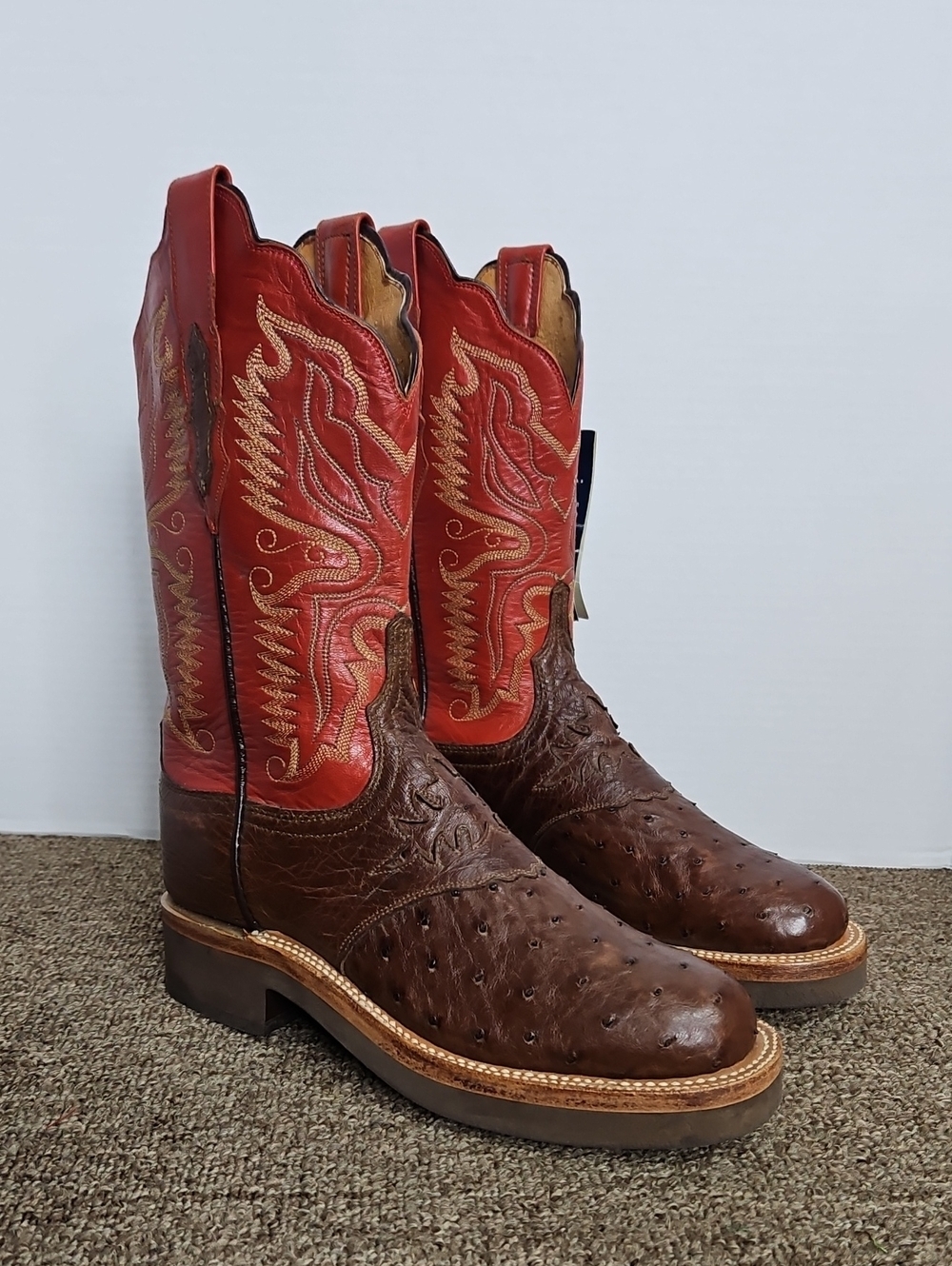 Lucchese 2000 Brown & Red Ostrich Western Boots Sz 7 B Womens